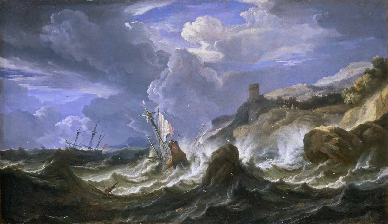 A ship wrecked in a storm off a rocky coast